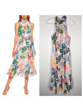 Eliza J Tropical Floral Midi Dress High Neck Sleeveless Multicolor Size 10